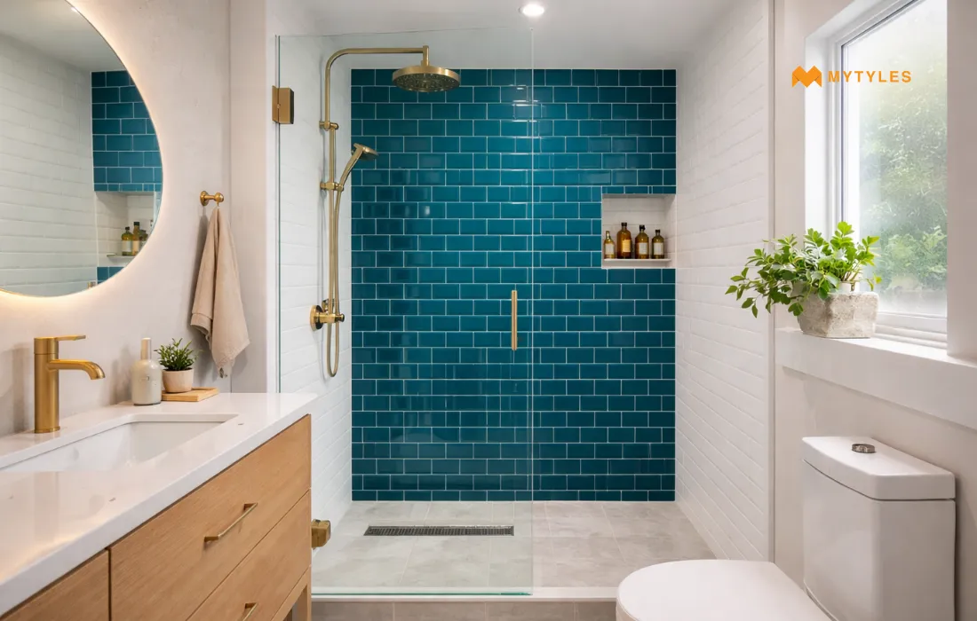 Blue Subway Tile in Bathroom